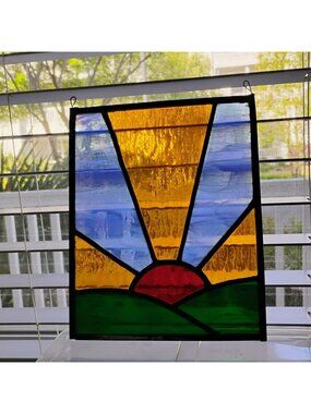 Stained Glass Sunburst Panel, 8x10 Hanging Sunrise Sun Catcher Window Art
